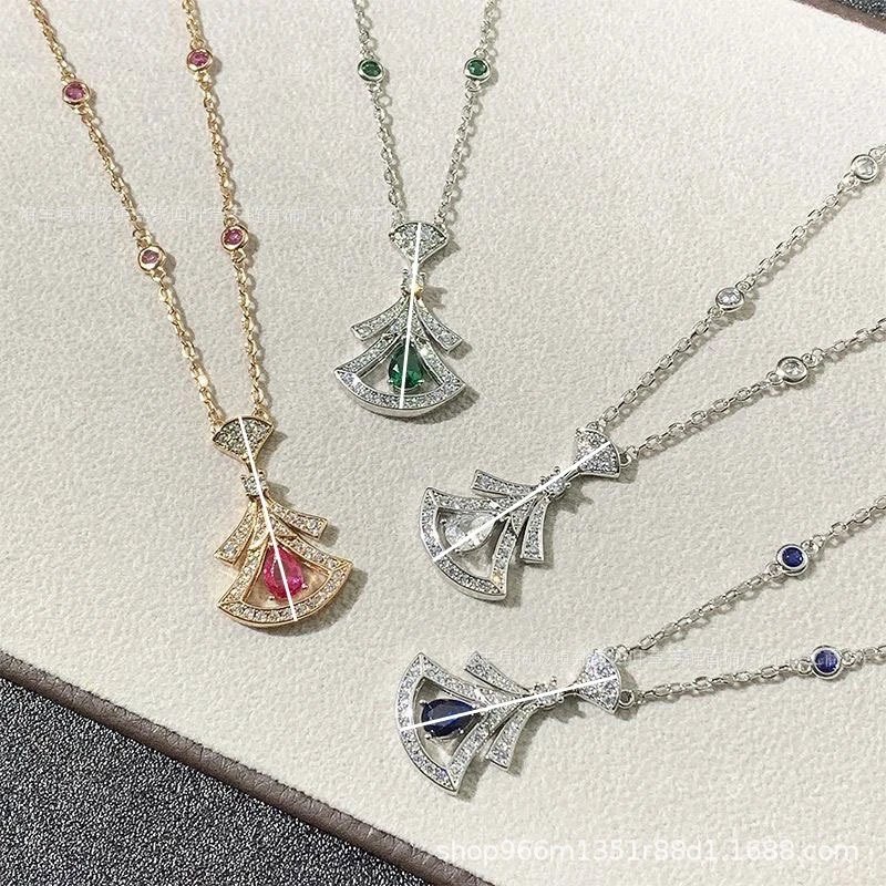 Bulgari Precision Work Red and Blue Sapphire Small Dress Necklace, Internet Celebrity Fan-shaped Pendant Collarbone Chain