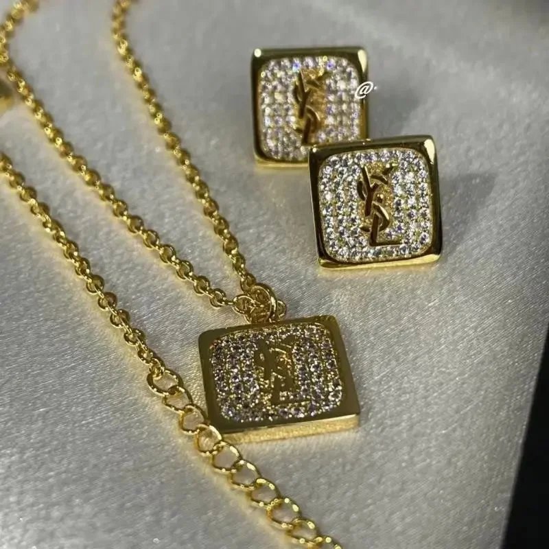 Titanium Gold Rectangular M-Shape Pave Cubic Zirconia Pendant Chain Necklace