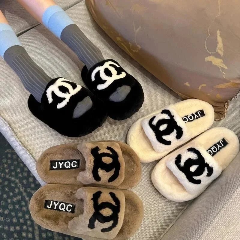 Chanel Men's Designer Slippers Wool Lined Slides - Unisex Winter Warm House Shoes, Plush Fur Comfort, Casual Indoor/Outdoor Mules