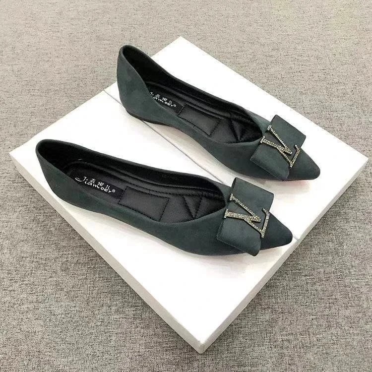 HERMES Pumps Suede H Buckle Bijoux Flat Shoes Black