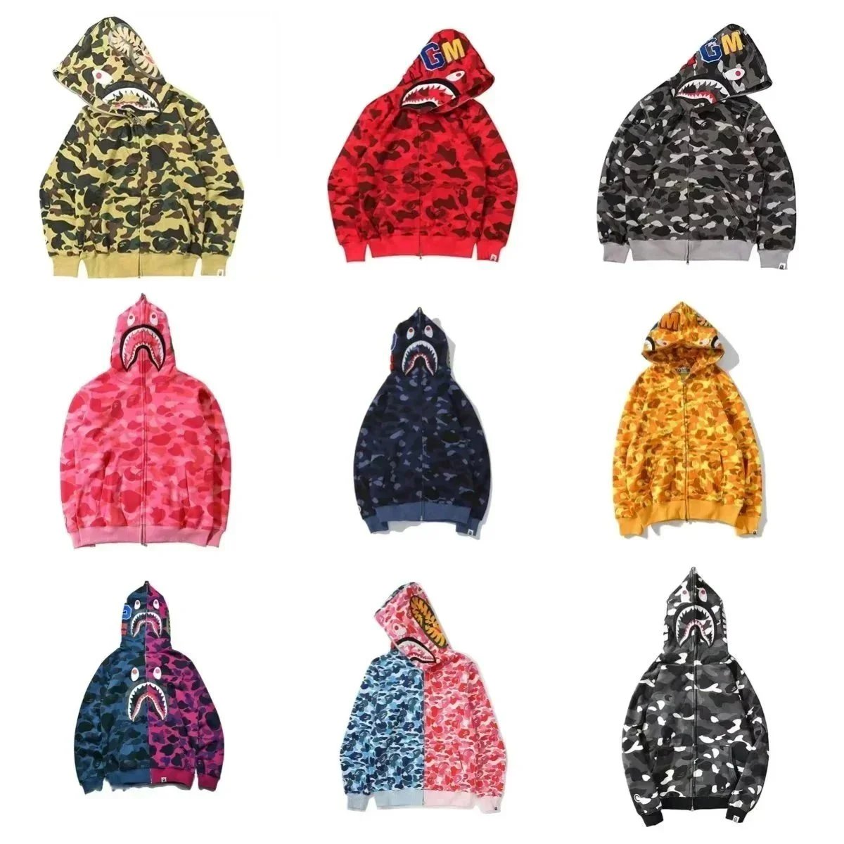 Dropship Trendy BAPE Shark camouflage zippered hoodie for men and women, loose fitting pure cotton plush hooded cardigan jacket for men a