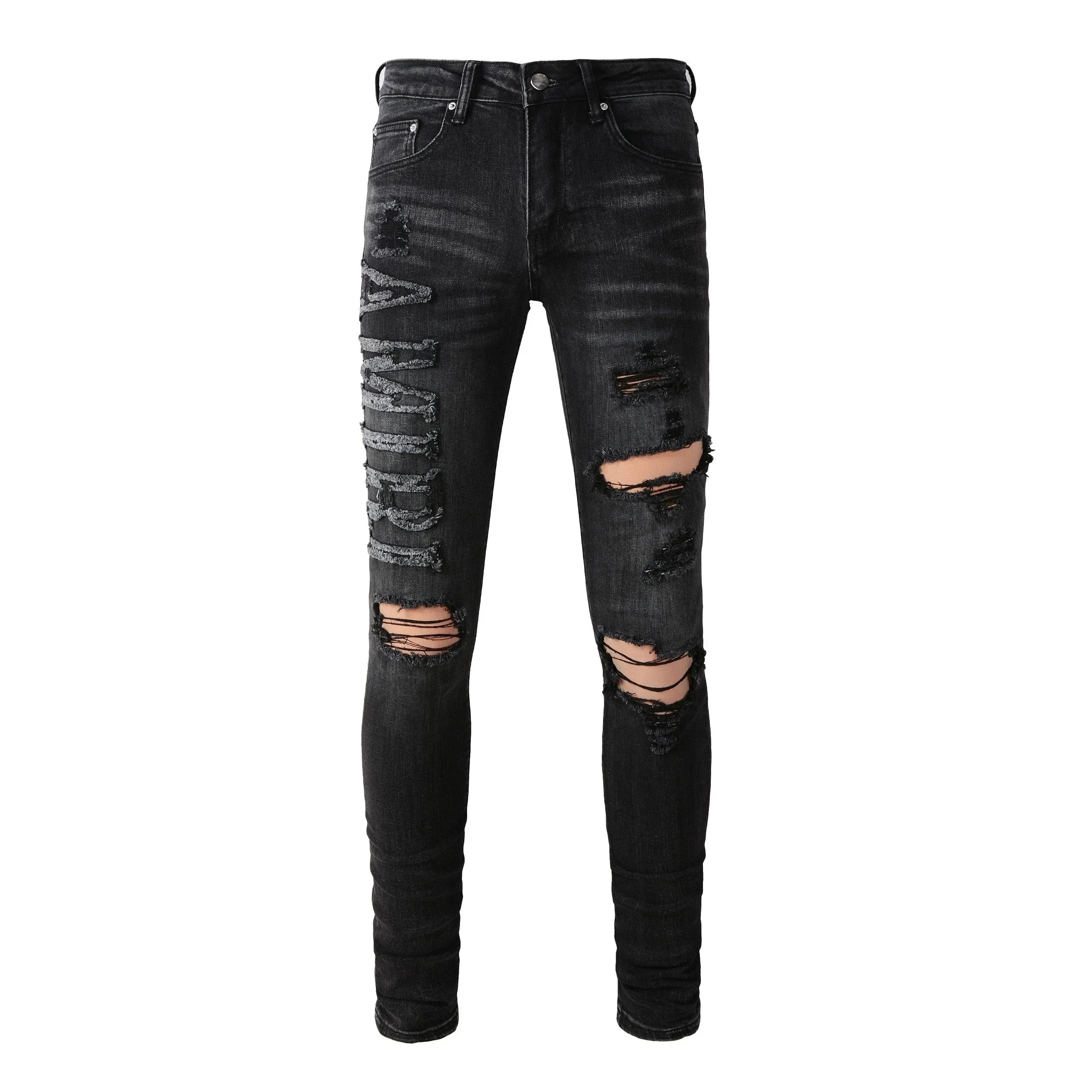Black Mens Patchwork Denim Biker Jeans Skinny Stretch Slim Distressed Ripped Stacked Knee Holes Pant