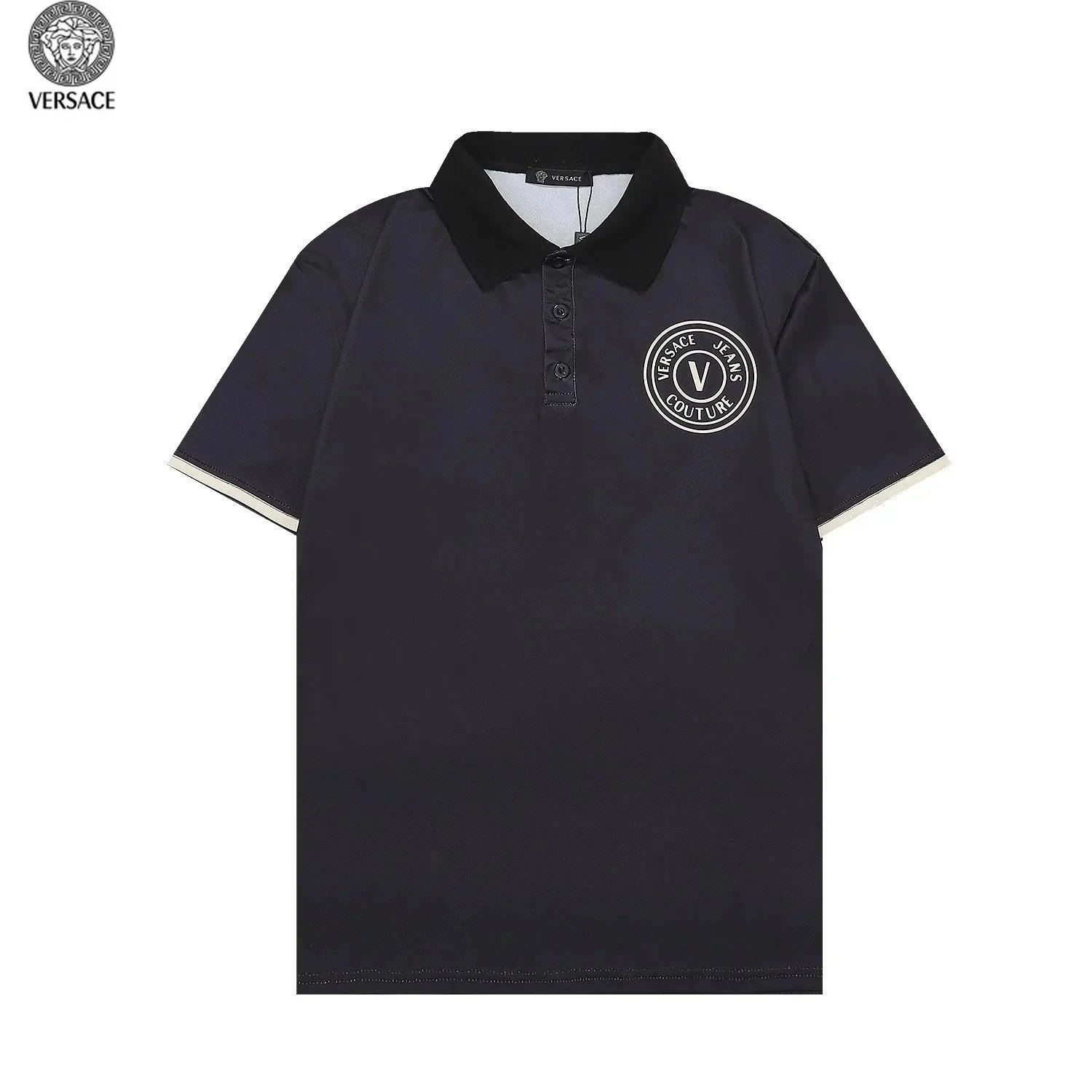 V-Emblem Zip Polo Shirt Black,Print | VERSACE