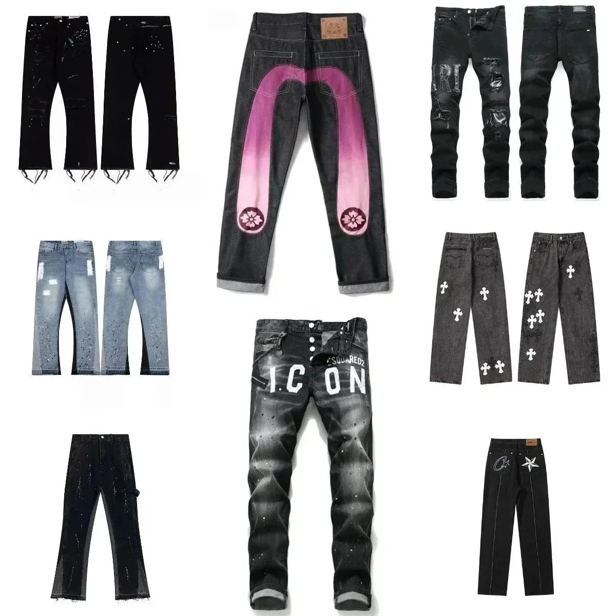 y2k Harajuku Casual Printed Jeans Women 2023 Summer New Straight Wide-leg High Street Hip-hop Style Men's and Women's Clothing 93fH#