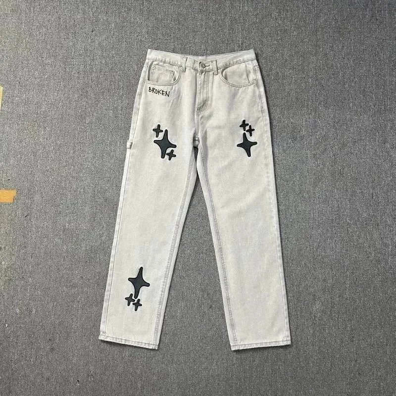 Trendy Broken Planet Embroidered Cross Straight Leg Jeans for Spring/Summer Street Fashion