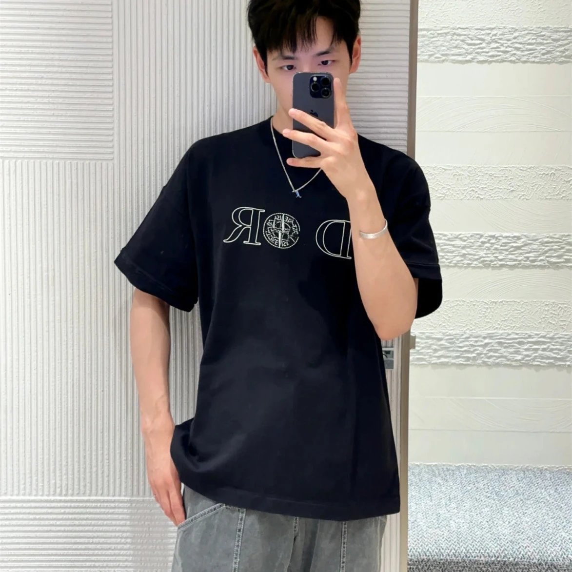 Dior Four Island Collaboration Letter LOGO Embroidery Round Neck Pullover Short Sleeve T-shirt Unisex