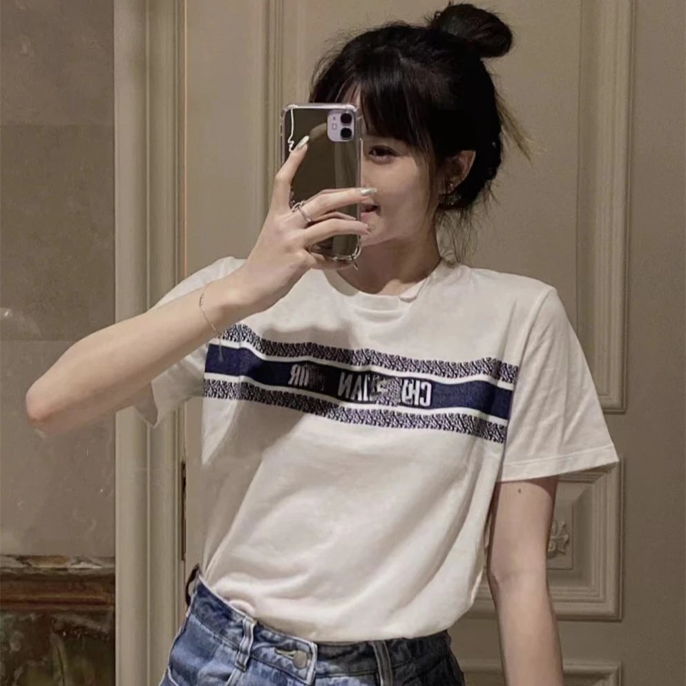 Dior Spring New Classic Logo Stripe Jacquard Short Sleeve T-shirt Top Unisex