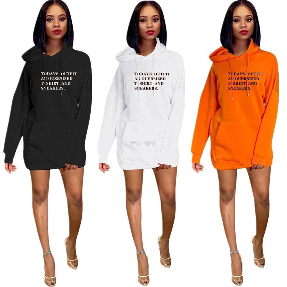 N1532 Women's Fashion Letter Hoodie Dress Fleece Hoodie