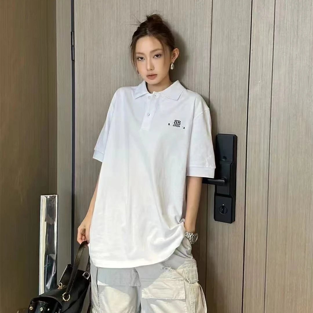 Balenciaga Letter Embroidery LOGO Viral Lapel Loose Polo Shirt Unisex Short Sleeve T-shirt