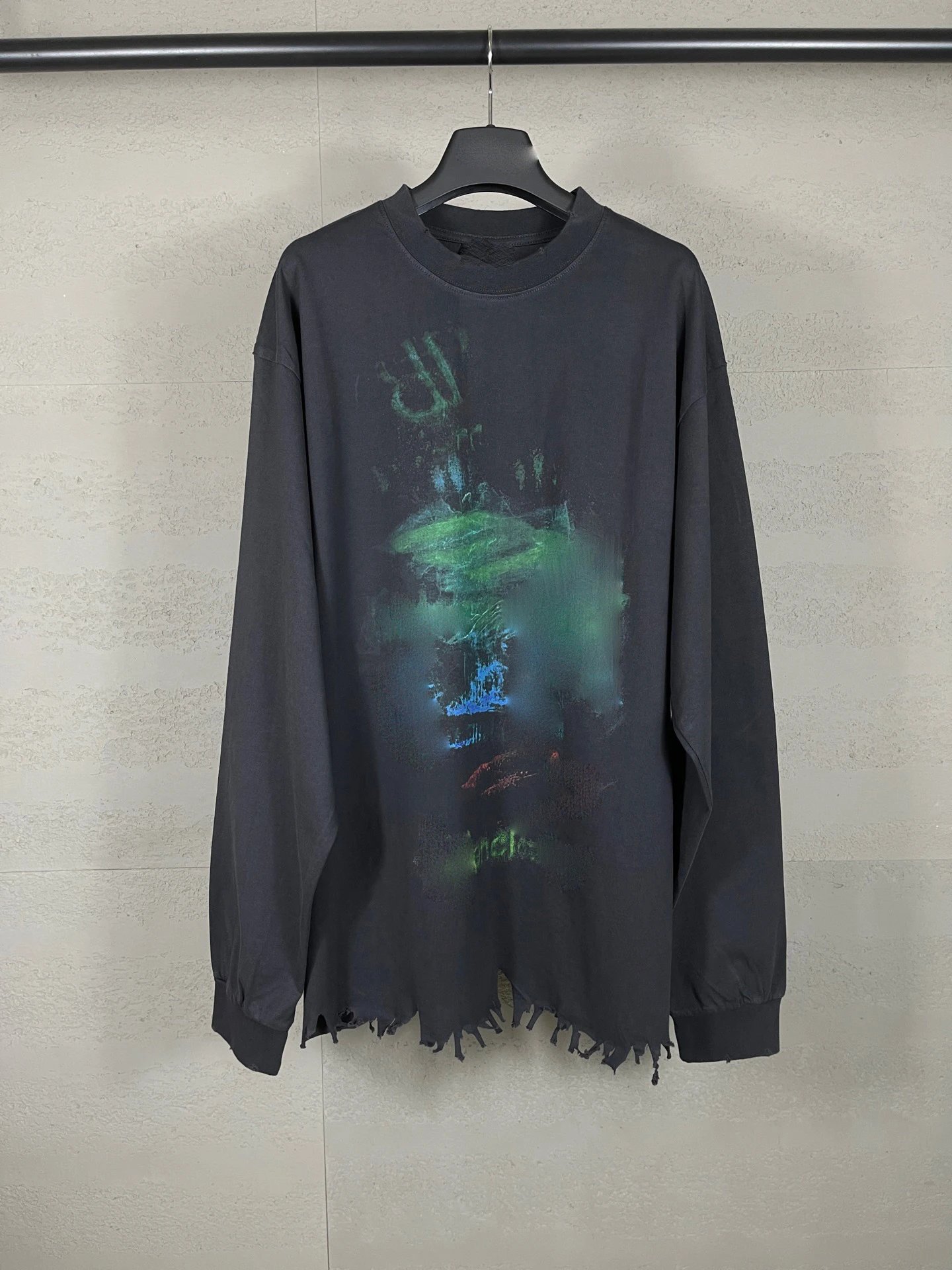 Balenciaga Front and Back Blur Pattern White Ink Direct Print Wash Frayed Destroyed Distressed Hem Hand-Sanded Long Sleeve T