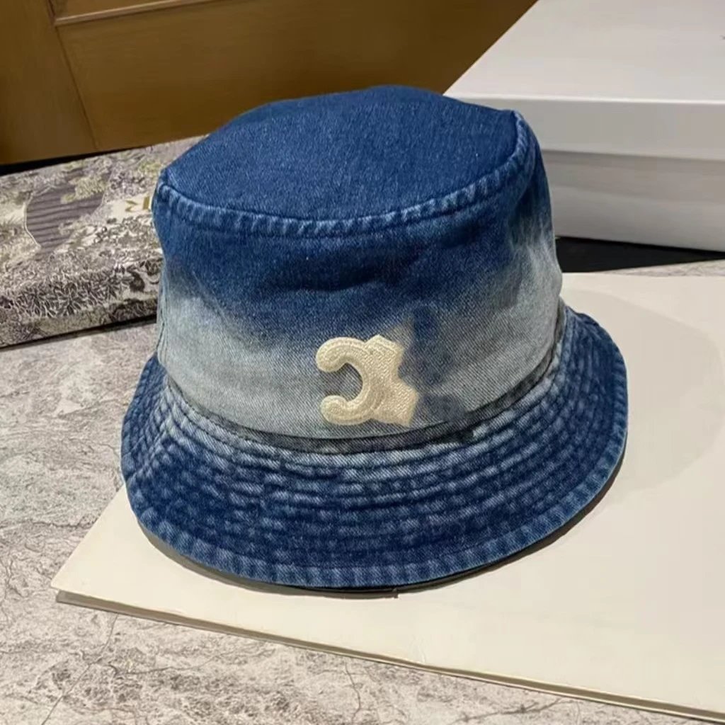 Spring New CELINE Denim Bucket Hat Women Wide Brim Warm Sun Protection Washed Vintage Bowl Hat