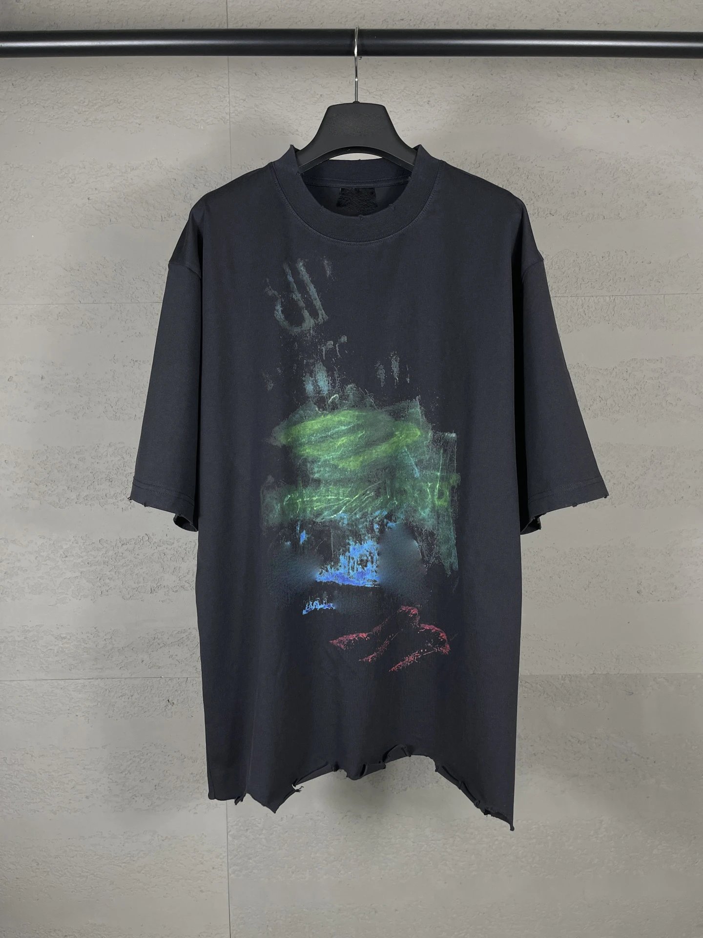 24SS Balenciaga Front Back Blurred Pattern White Ink Direct Spray Wash Distressed Short Sleeve T-shirt Unisex