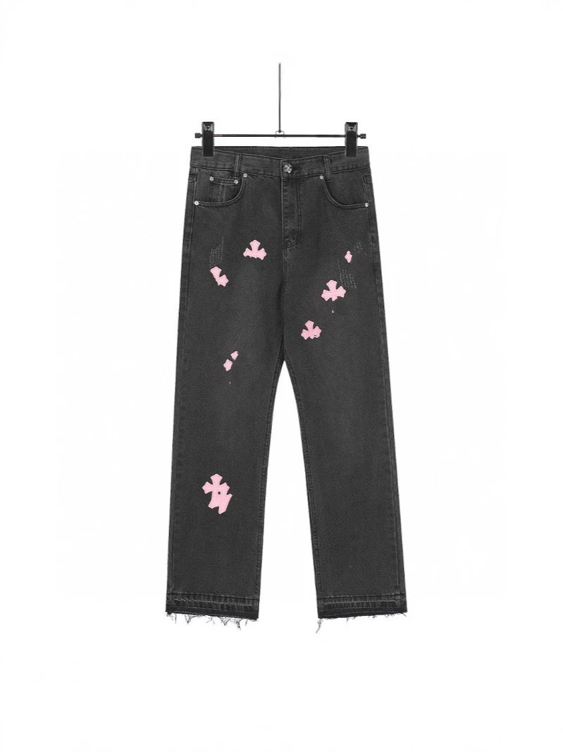 24SS New Chrome Hearts Classic Black Pants Pink Cross Patch Jeans Loose Casual Unisex