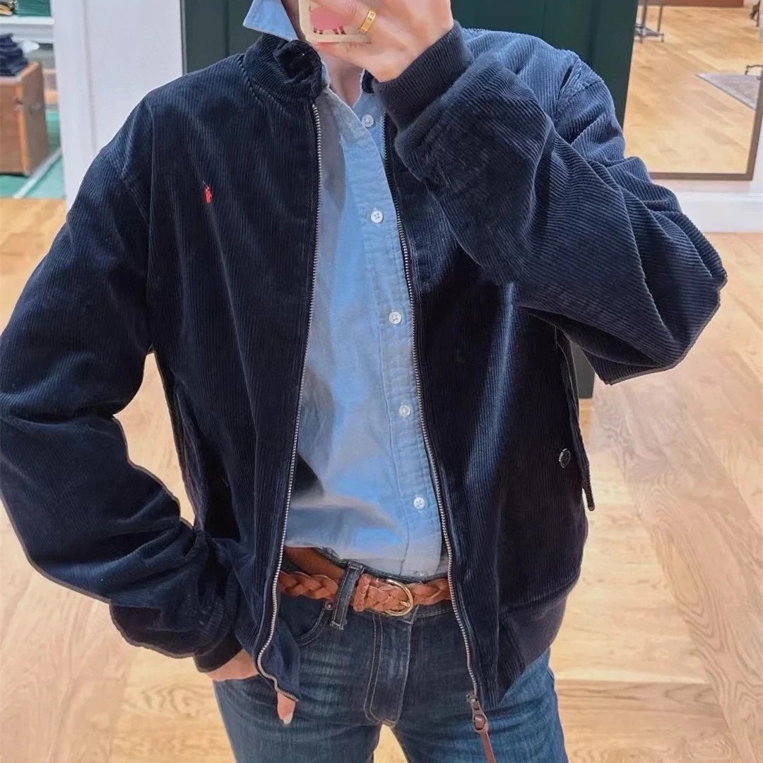 RL Pony Embroidery Corduroy Jacket Old Money Cadre Style Harrington Jacket