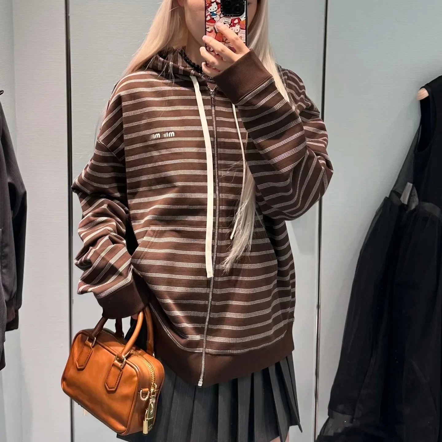 Miu Miu 25 new style stripe embroidery hooded zipper sweatshirt jacket men's and women's