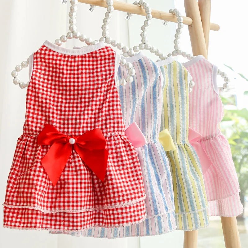 Dog Dress Bow Cat Gown Dog Wedding Dress Spring Summer New Plaid Pet Cat Clothing Supplies Pomeranian