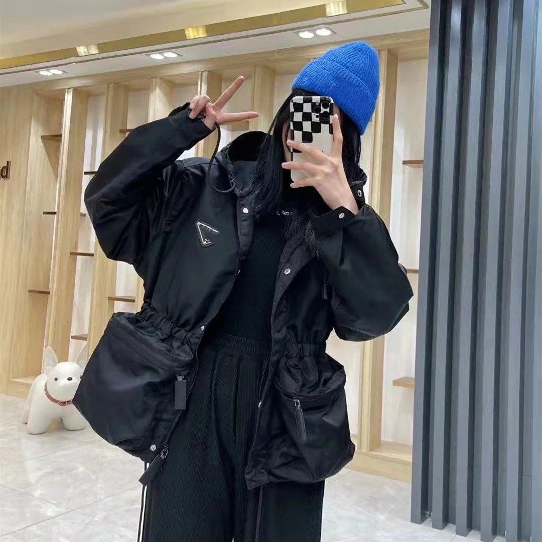 2025 Prada Casual Logo Hooded Waist Thin Trench Coat Women