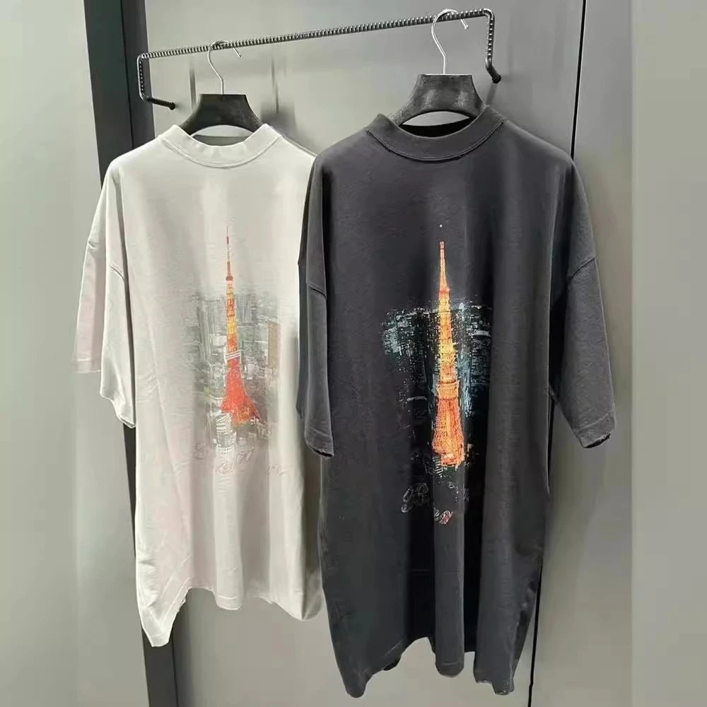 Balenciaga Eiffel Tower Night View Print Unisex European Fit Oversized Wash Short Sleeve T-shirt