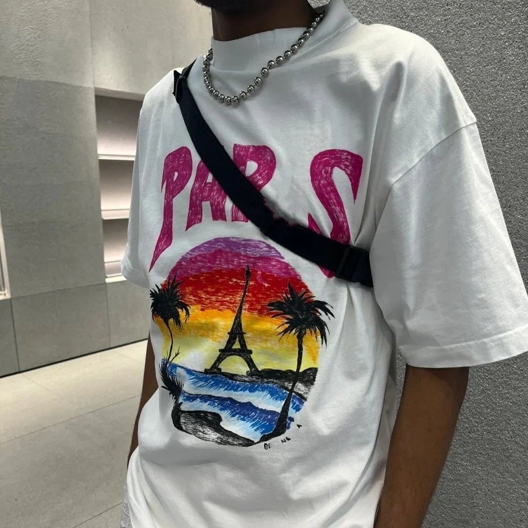 New Balenciaga Hawaiian Palm Tree Eiffel Tower Hand Drawn Letter Print Small Neckline Short Sleeve