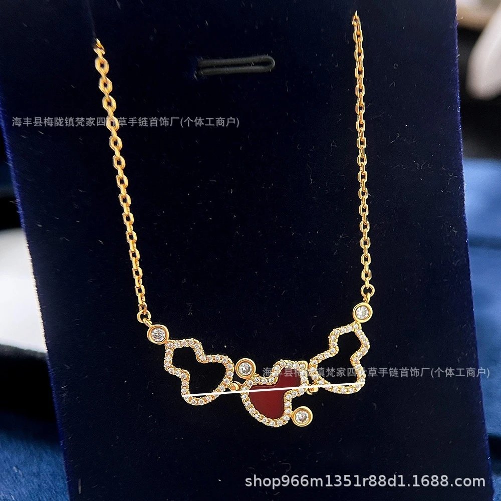 Viral Same Style Kylin Triple Gourd Necklace for Women, Inlaid Full Diamond Kylin Red Carnelian White Mother-of-Pearl Choker INS