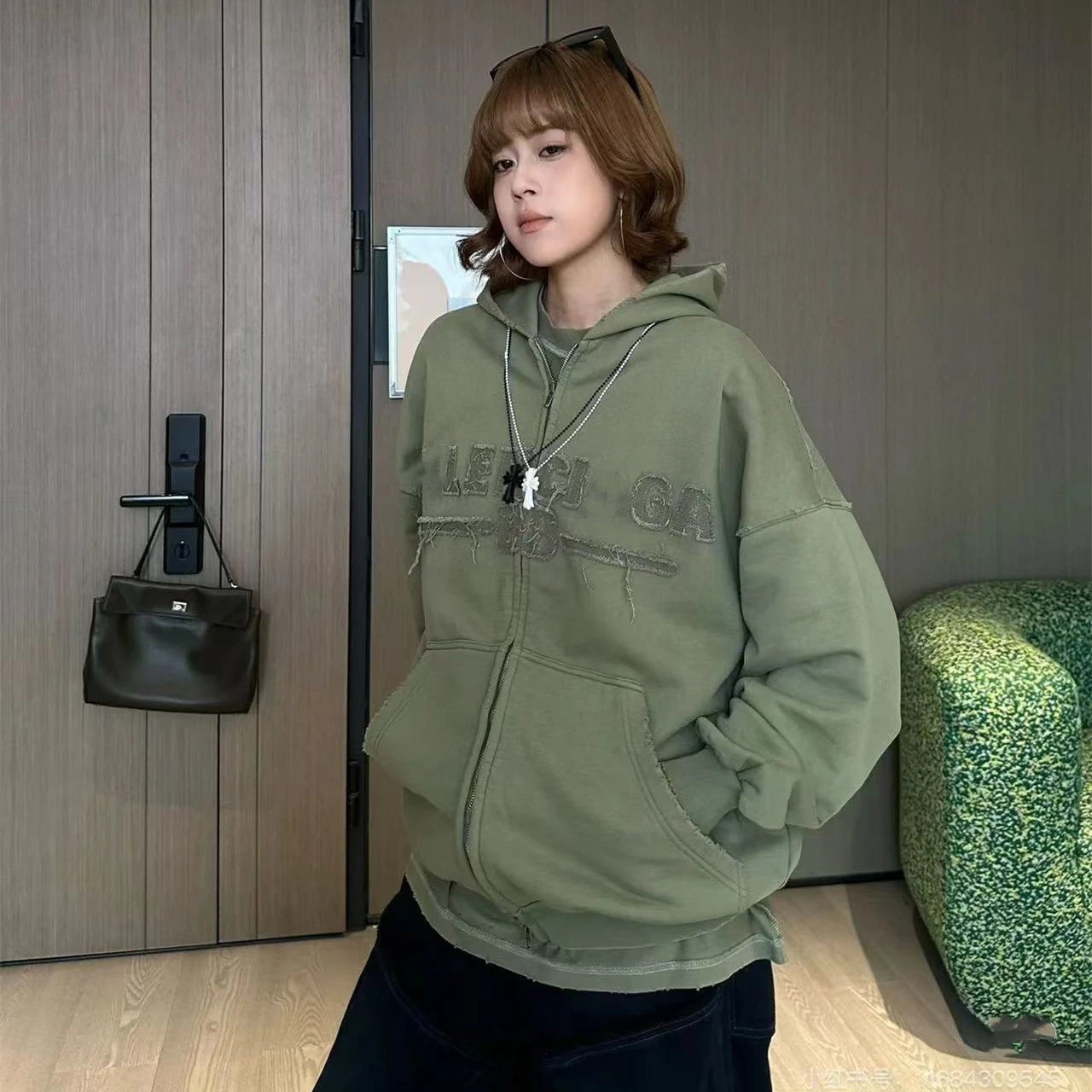 Balenciaga Logo Letter Patch Embroidery Light Green Hooded Zipper Hoodie Jacket