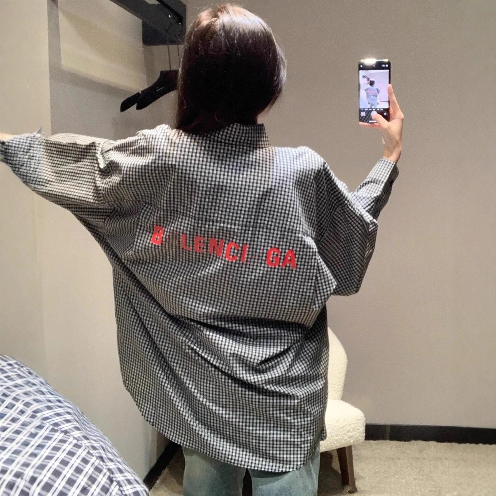 25 new style Balenciaga black white cotton satin back letter plaid shirt men's and women's