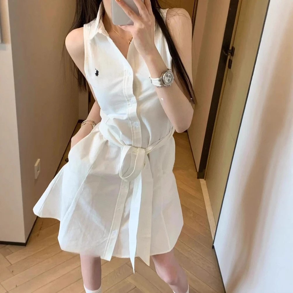 RL Ralph Lauren Pony Embroidery LOGO Shirt Waist Sleeveless Polo Collar Button Down Long Dress