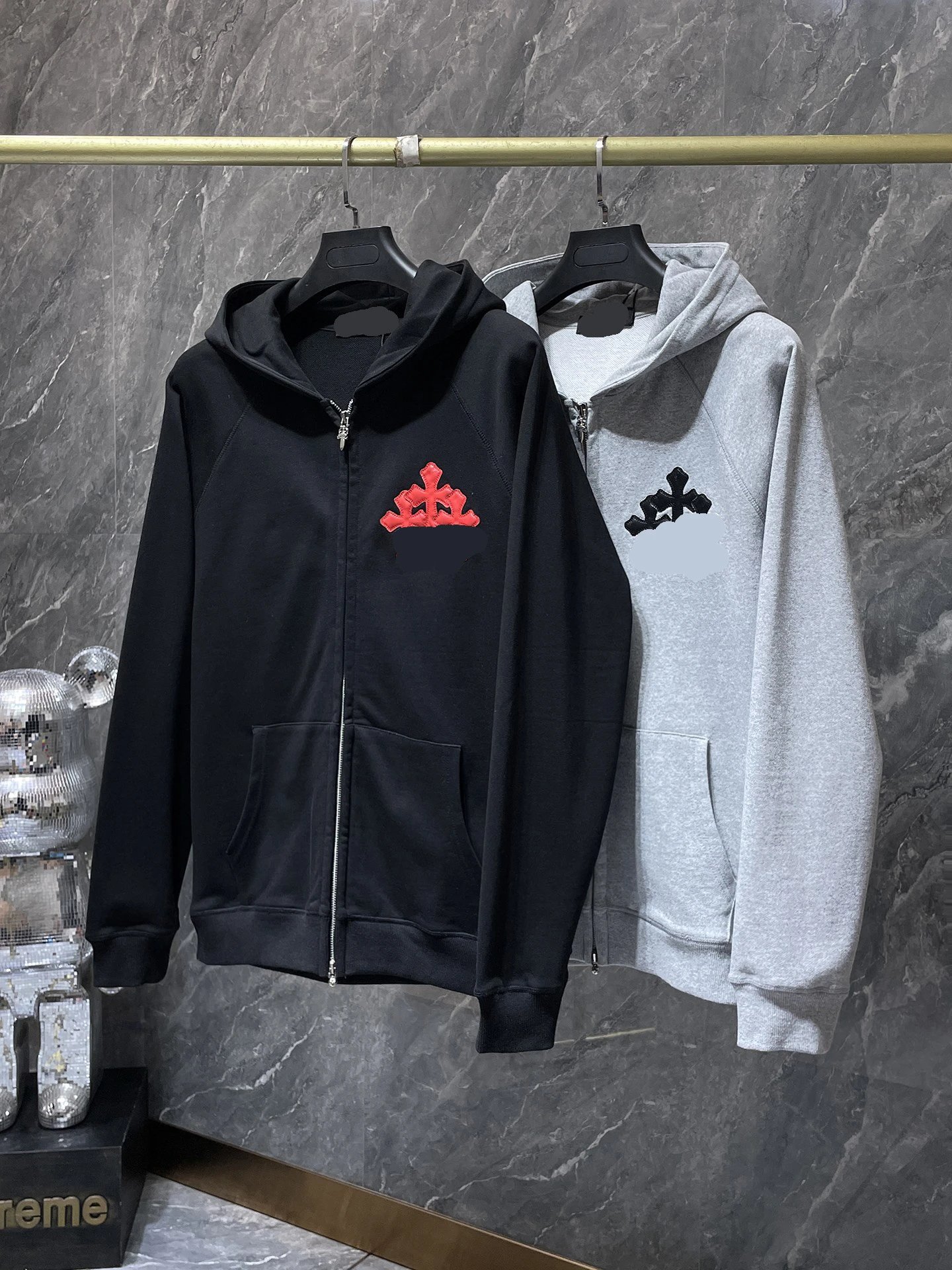 Chrome Hearts Leather Patch Cross Long Sleeve Zip Hoodie Loose Casual Pullover Hoodie Couple Outfit