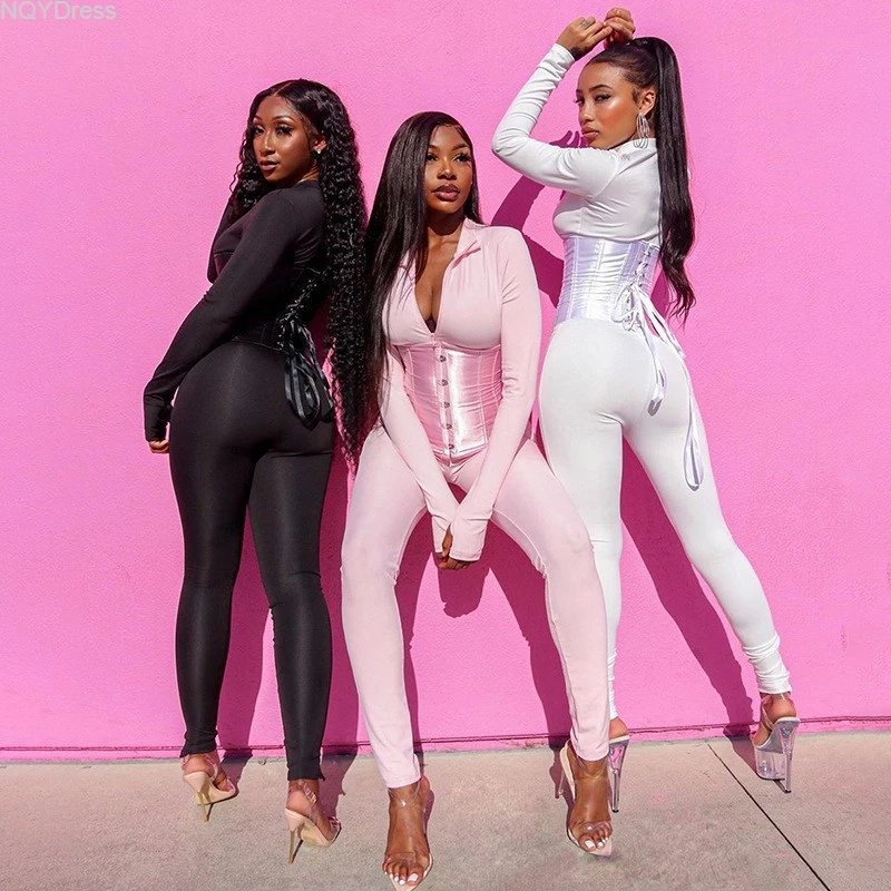 New Women's Clothing 2020 Autumn Solid Color Waist Belt Front Zipper Casual Jumpsuit Set