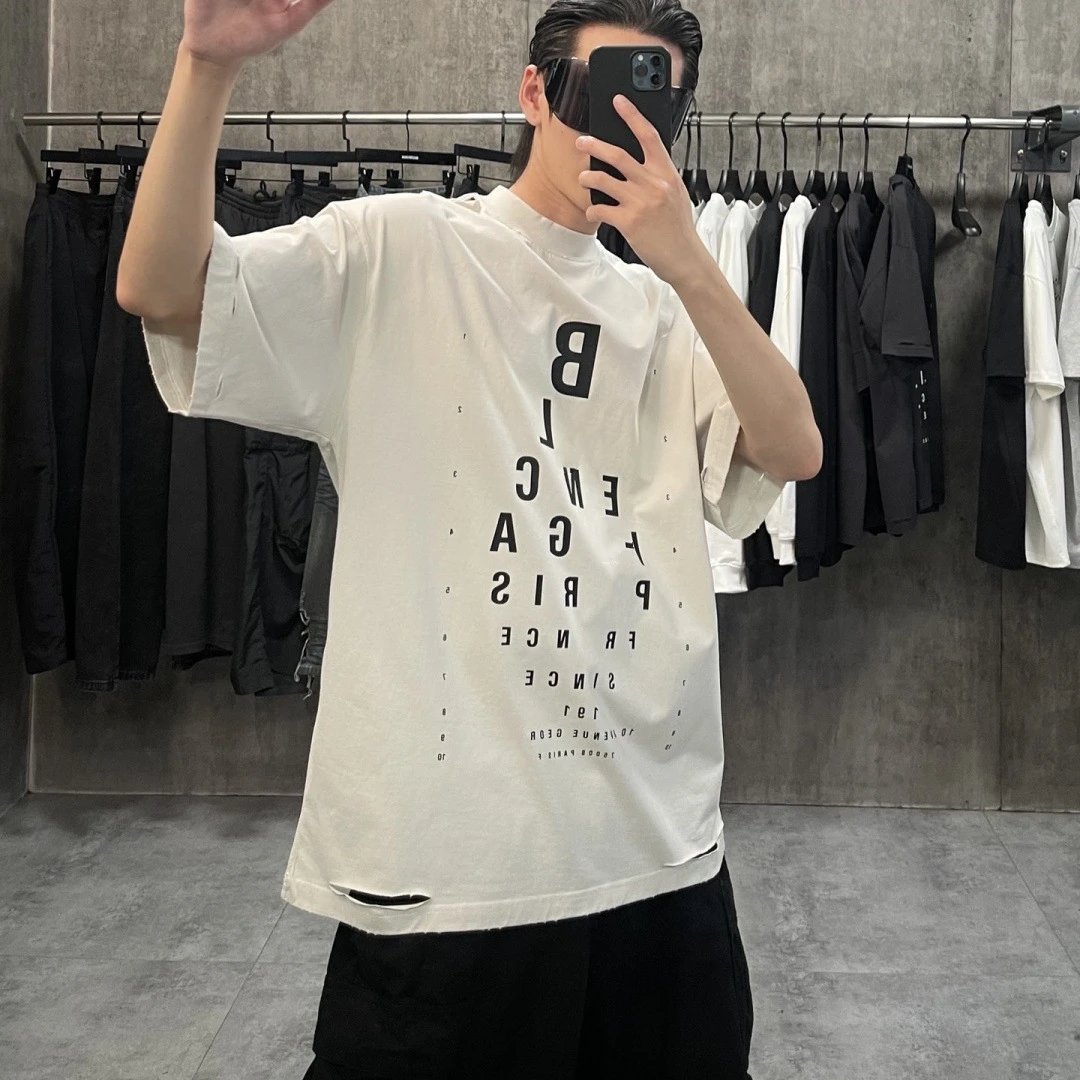 High Quality Balenciaga 24FW New Letter Print Heavy Duty Distressed Loose Short Sleeve T-shirt Top