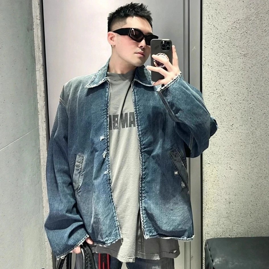 Balenciaga Cut Distressed Washed Vintage Denim Zipper Jacket Jeans Suit Unisex