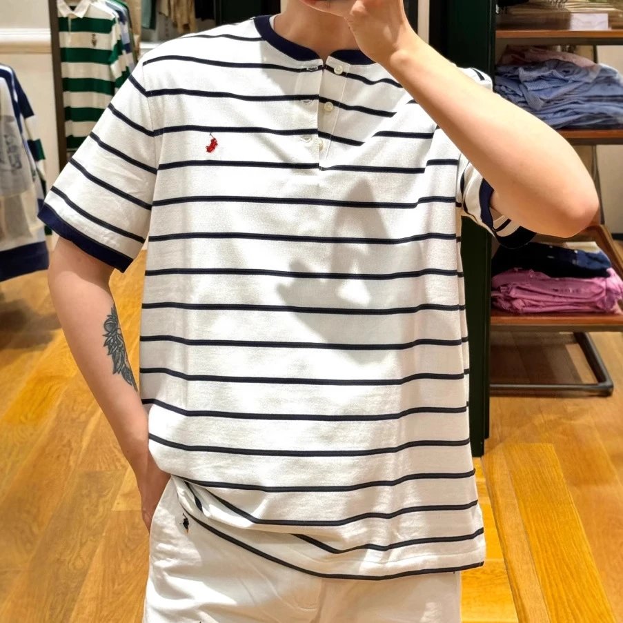 RL Ralph Lauren Pony Logo Embroidery Henley Neck Four Color Open Chest Short Sleeve T-shirt Base Layer