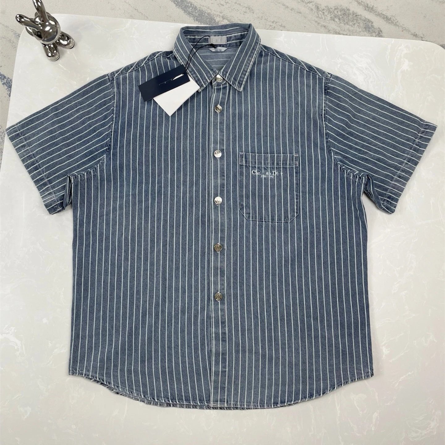 SS25 Early Autumn New Dior New Embroidery Letter Stripe Short Sleeve Wash Denim Shirt Jacket