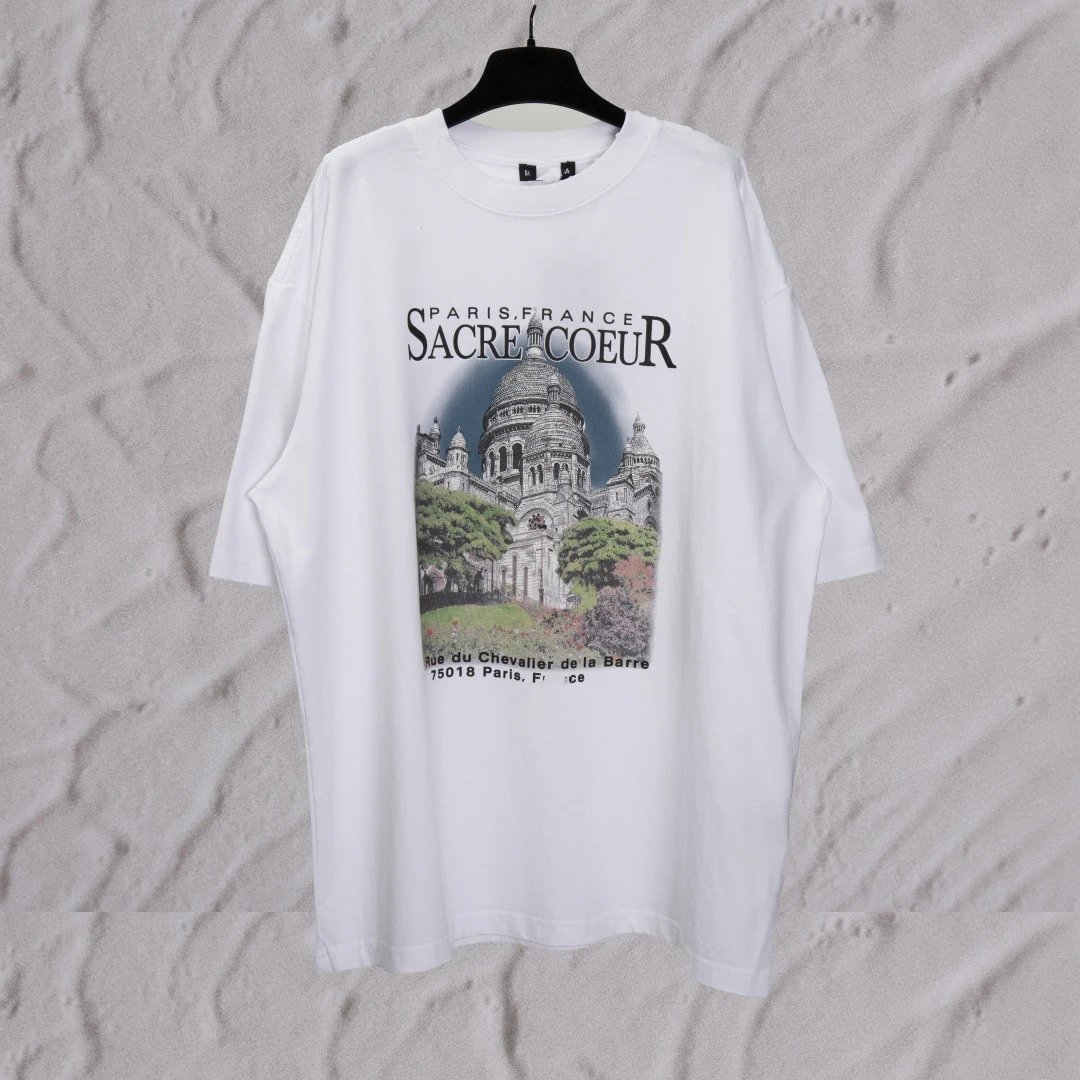 Balenciaga Castle Vintage Print Viral Same Style Unisex Small Neckline Short Sleeve T-shirt