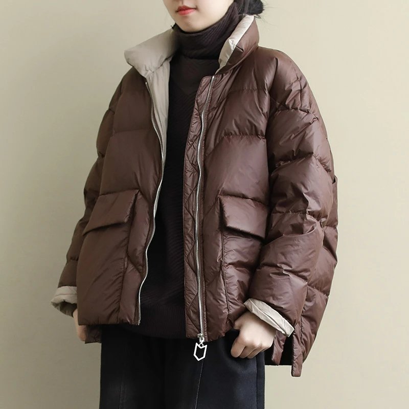 Autumn Winter New Style Retro Loose Long Sleeve Down Jacket Color Block Harajuku Short Women's Jacket