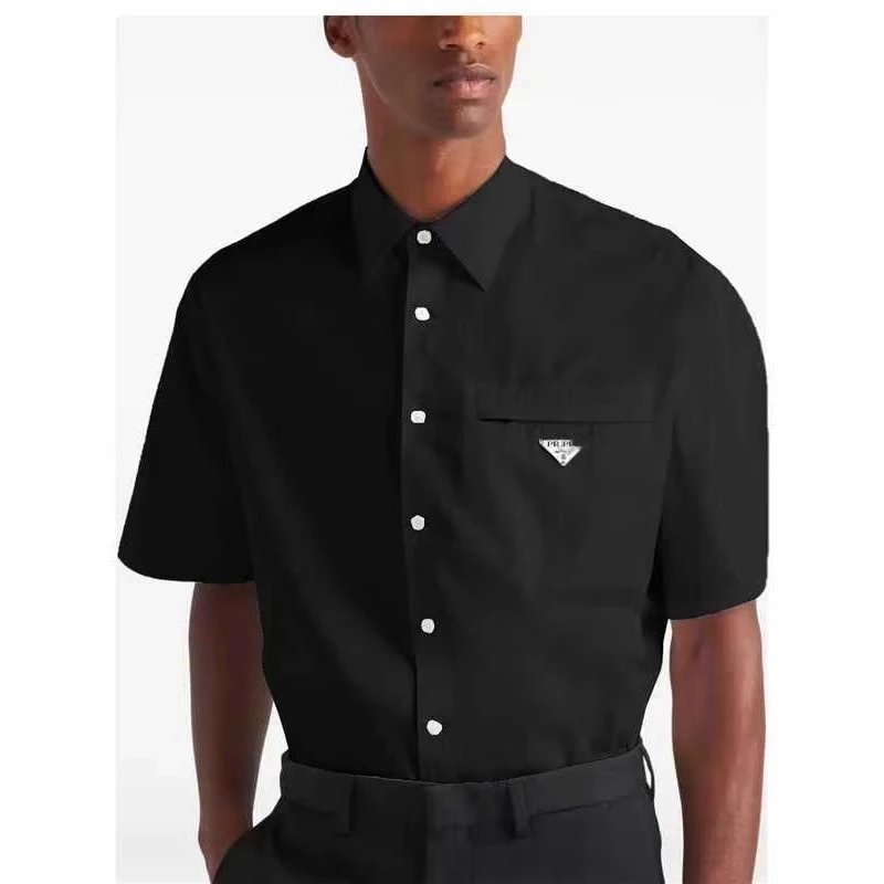 2025 New Prada Metal Inverted White Pure Cotton Short Sleeve Shirt Unisex