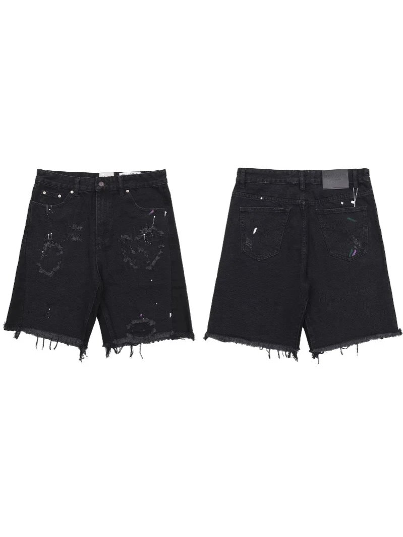 Gallery Dept Splatter Paint Destroyed Ripped Embroidered Patch Denim Shorts