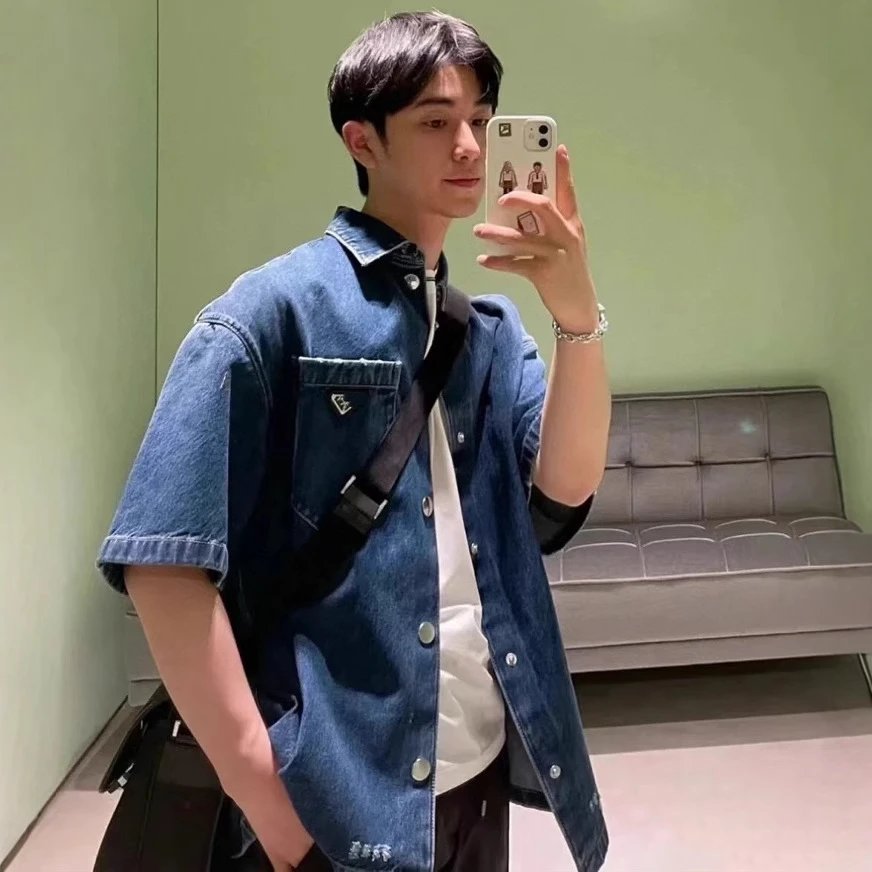 Prada Internet Famous Washed Denim Shirt Unisex Loose Short Sleeve Denim Jacket