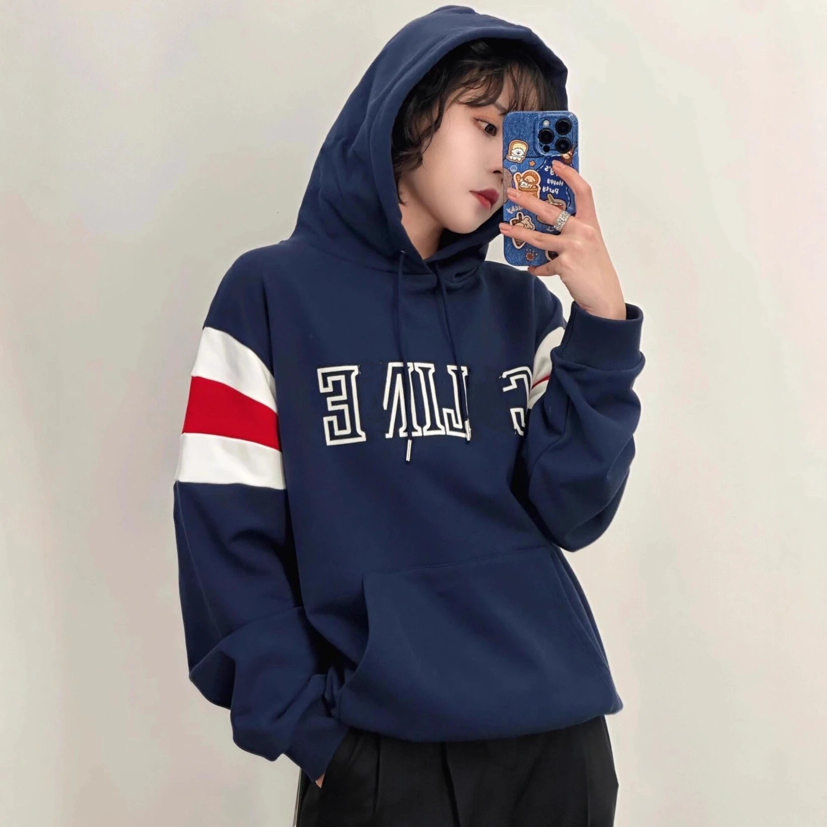 New style CELINE spliced color block sleeve shoulder letter hooded sweatshirt men's and women's