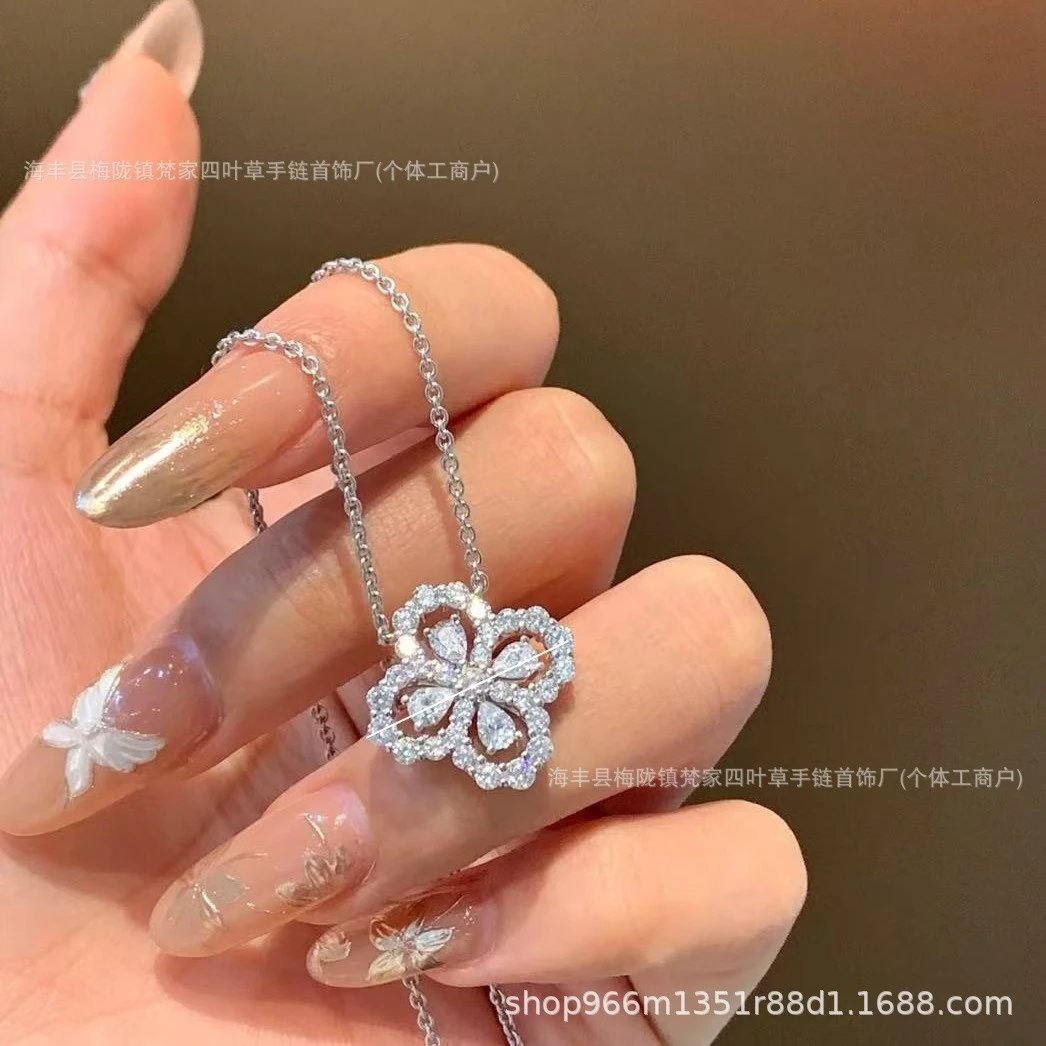 Plated 18K Gold White Gold Diamond Necklace, Four-Leaf Clover Drop Red Pink Yellow Green Blue Sapphire Loop Ladies Collarbone Chain Style