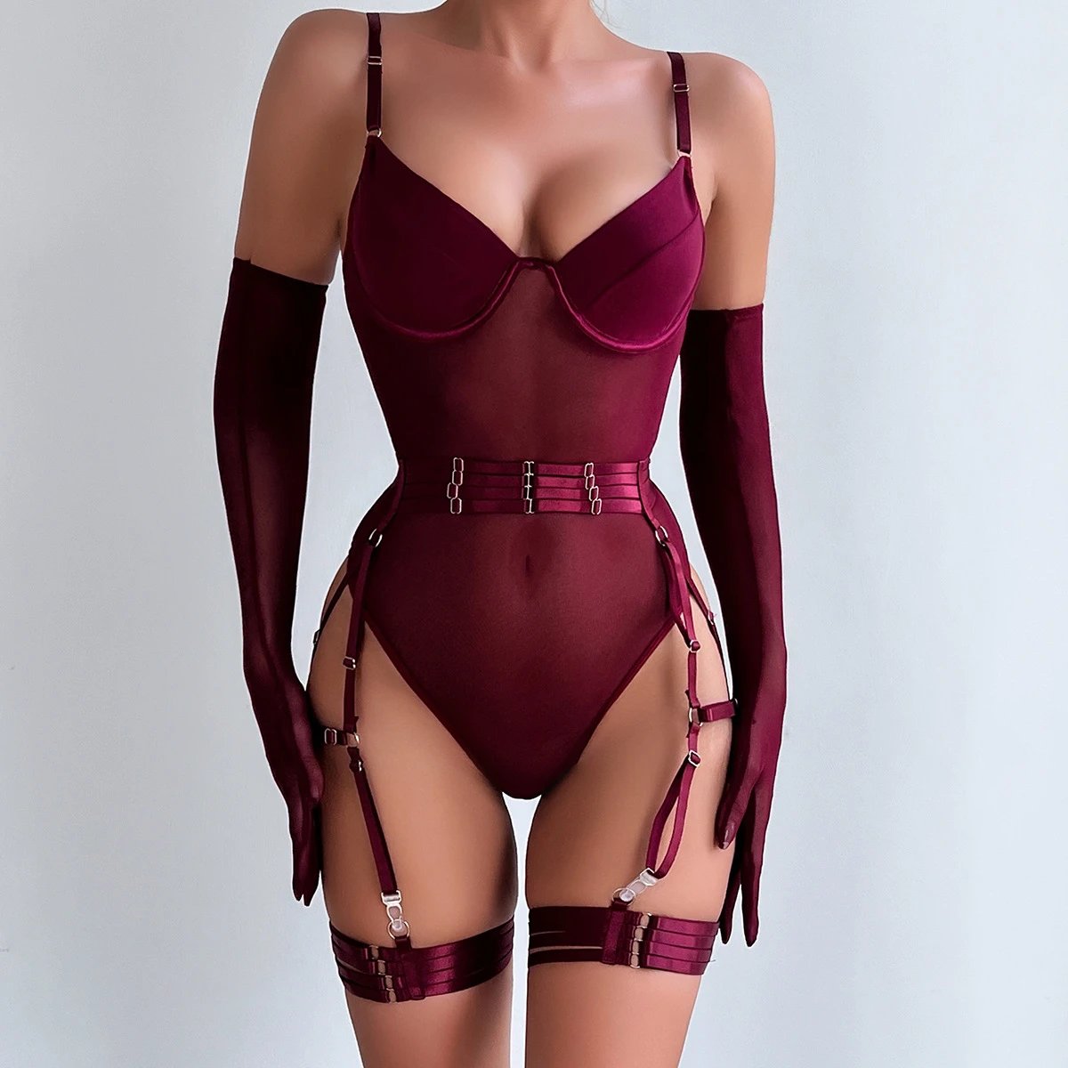 Sexy Underwear Tie-Up Splicing Slim With Gloves Three-Piece Set Ready Stock