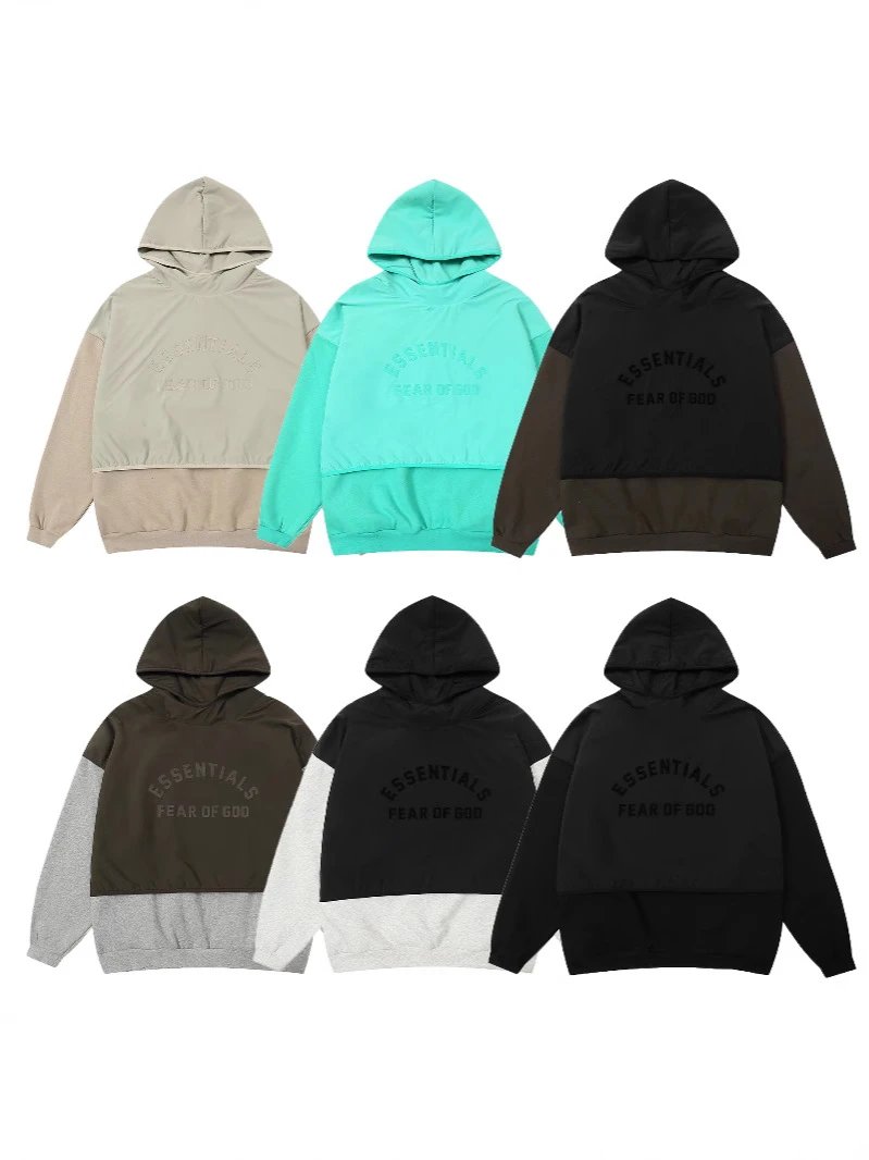 New ESSENTIALS Retro Color Block Patch Embossed Letter FOG Mock Neck Fleece Hoodie