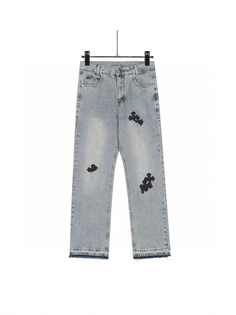 Chrome Hearts Classic Blue Pants Black Cross Patch Jeans Casual Washed Denim
