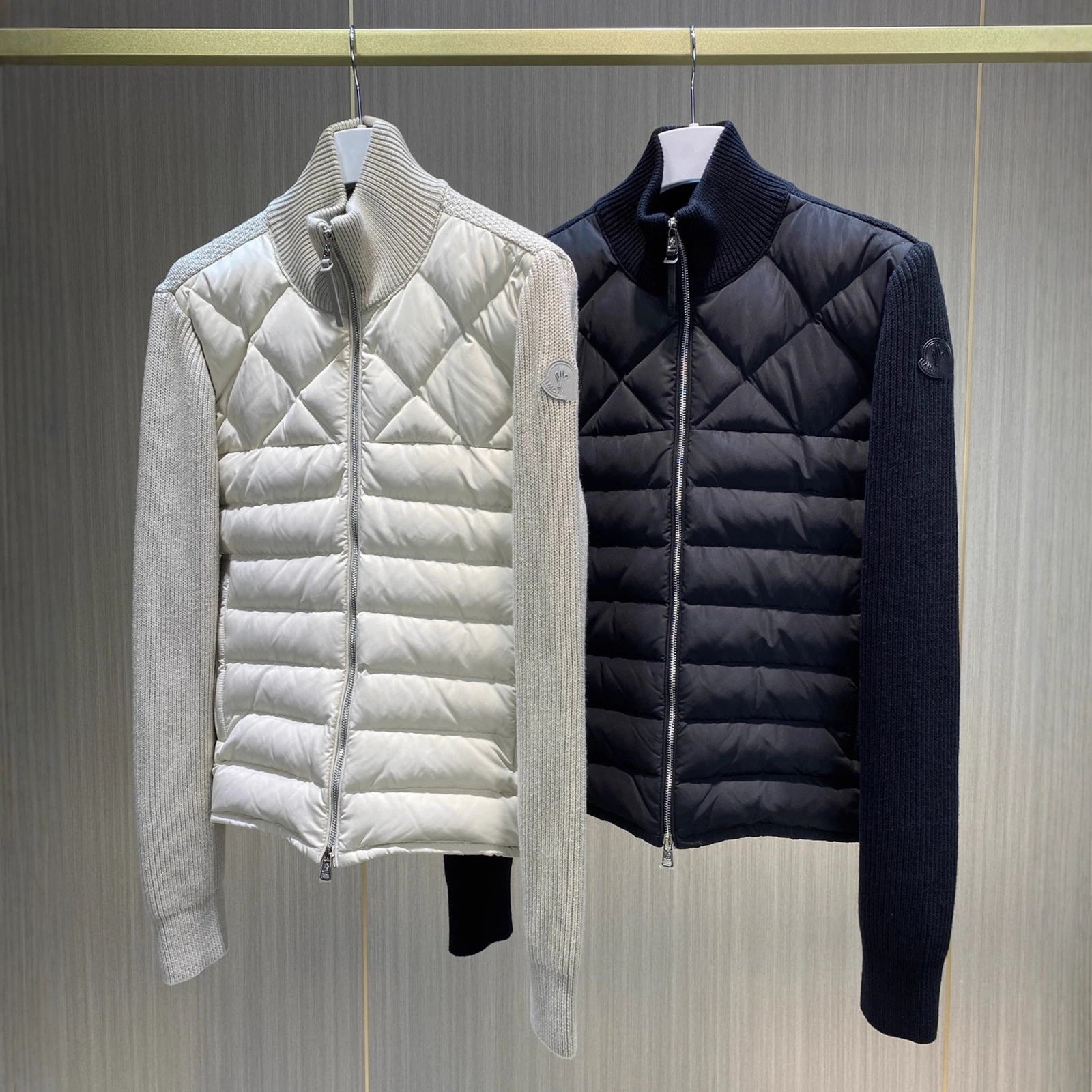Moncler Stand Collar Wool Knit Panel Diamond Pattern Casual Cardigan for Men and Women
