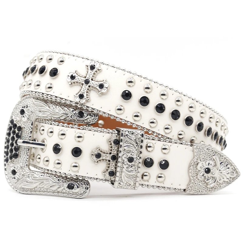 Womens Rhinestone Western Belts,Fashionable Design Leather White Belt,Glitter Western Cowboy Style Rhinestone Belt