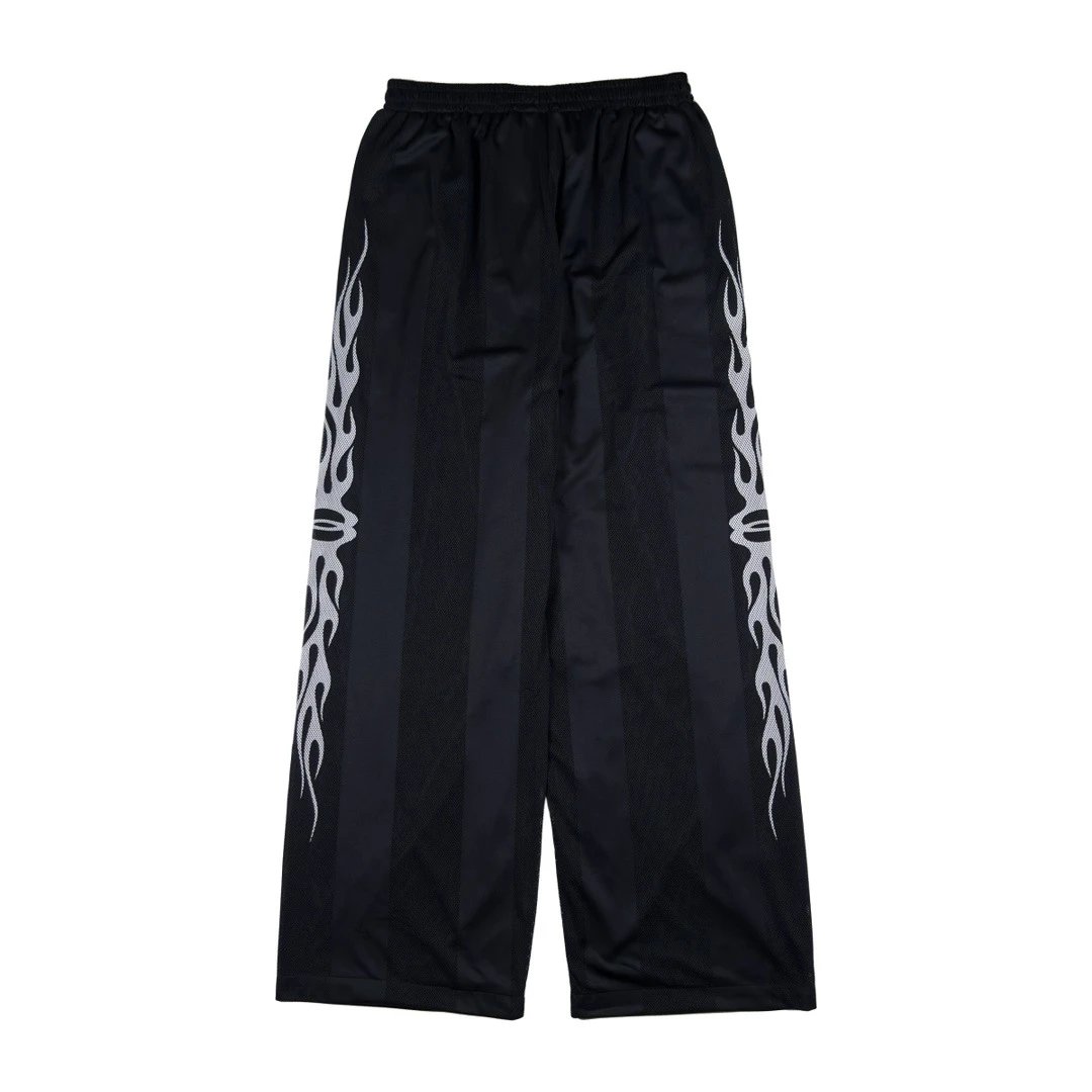 25ss New Balenciaga Flame Print Black Loose Pants Mesh Ball Pants Unisex