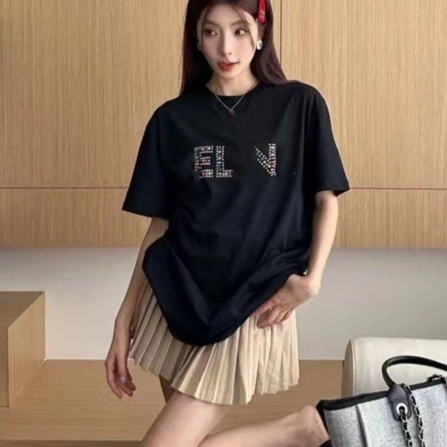 New CELINE Viral Colorful Rhinestone Letter Pattern Heavyweight Short Sleeve T-shirt Unisex