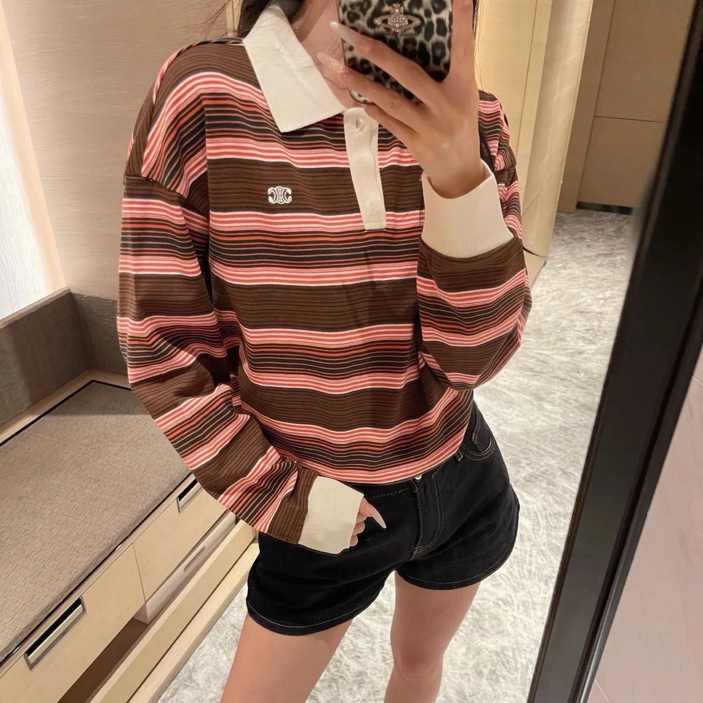 CELINE CELINE stripe embroidery emblem collar Polo shirt long sleeve T-shirt top men's and women's