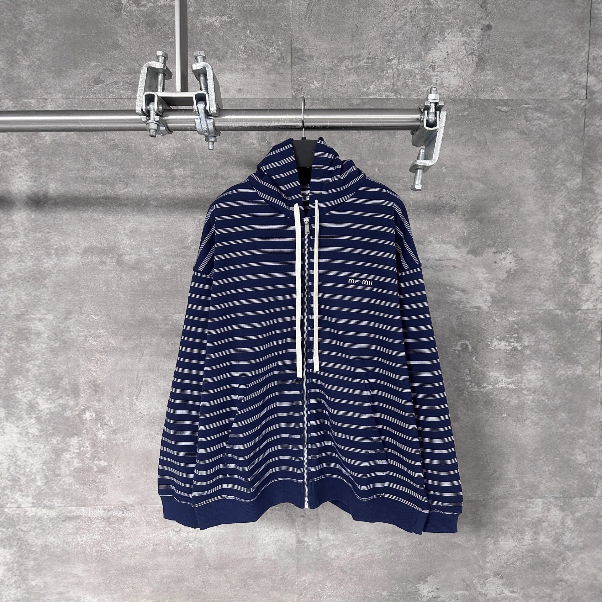 Miu Miu 25SS New Stripe Embroidery Hooded Zipper Hoodie Jacket Unisex