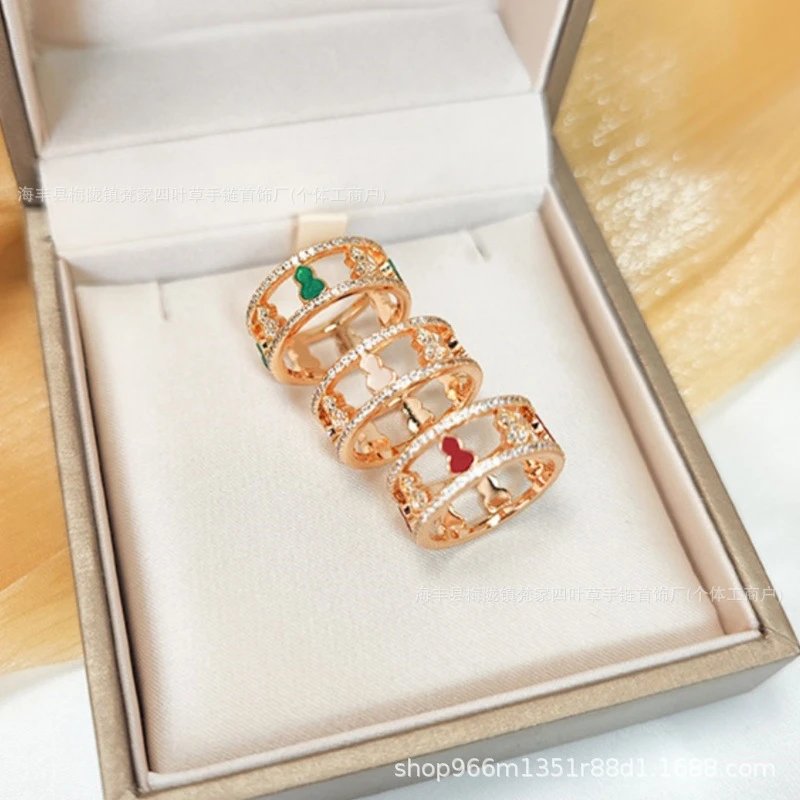 Qeelin New Gourd Fortune Diamond Inlaid Openwork Ring, White Mother-of-Pearl Red Green Jade 18K Color Gold Plated Wealth Attracting Jewelry
